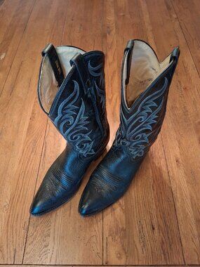 Vintage Dan Post Black Leather Embroidered Western Cowboy Boots 10D